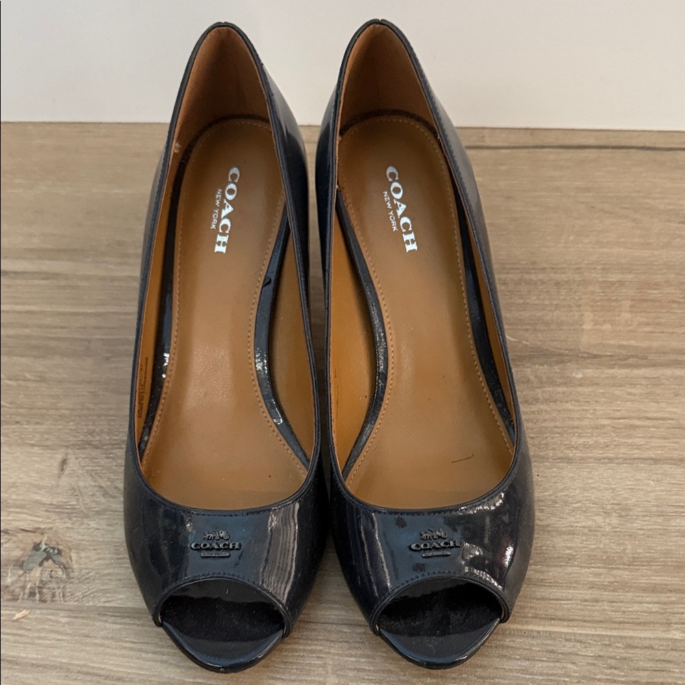 Coach Women's Navy Patent Peep Toe Heels